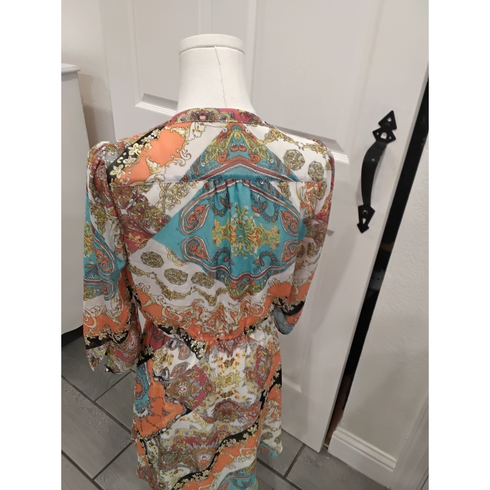 Umgee USA Women Paisley Scarf Print V-Neck Dress Orange Teal Boho 3/4 Sleeve M - Picture 5 of 8